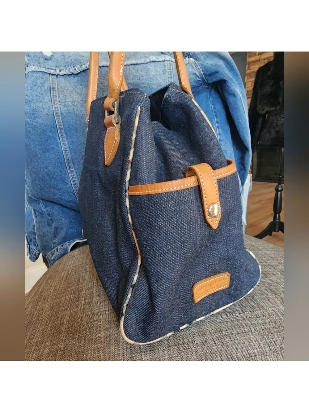 Burberry Denim Tote with Tan Leather Trim